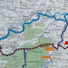 Mapa szlaku rowerowego VeloMetropolis z zaznaczoną trasą EuroVelo 4 i 11. Czerwona strzałka wskazuje "TU JESTEŚ" w okolicach Bogucic.