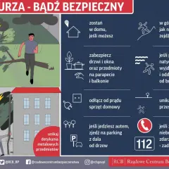 Grafika pokazuje, jak zachować się podczas burzy. W górach zejdź ze szczytu, unikaj drzew i metalowych przedmiotów. Zabezpiecz dom i odłącz sprzęt od prądu.