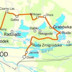 Mapa turystyczna Doliny Baryczy. Trasa rowerowa łączy Zmigród, Czarny Las, Gatkę, Wilkowo, Olszę, Grabówkę, Ruda Sułowska, Sułów, Ruda Żmigrodzka, Jamnik, Osiek, Dąbki, Niegodę, Radziądz, Nowe Domy i Żmigródek.