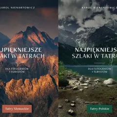 Dwa okładki książek o szlakach w Tatrach. Po lewej złociste szczyty, po prawej jezioro i skaliste góry.