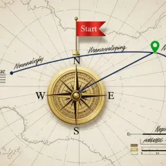 Ilustracja pokazuje, jak czytać kompas na mapie. Widać trasę od "Start" do "Norngerseg" z zaznaczonymi kierunkami i odległościami.