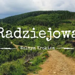 Radziejowa, diadem polskich gór wykaz szczytów. Droga przez las, zielone zbocza, chmury na niebie.