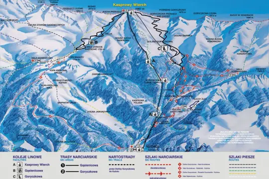 Mapa Tatr z zaznaczonym najdłuższym stokiem narciarskim w Polsce – trasą z Kasprowego Wierchu.