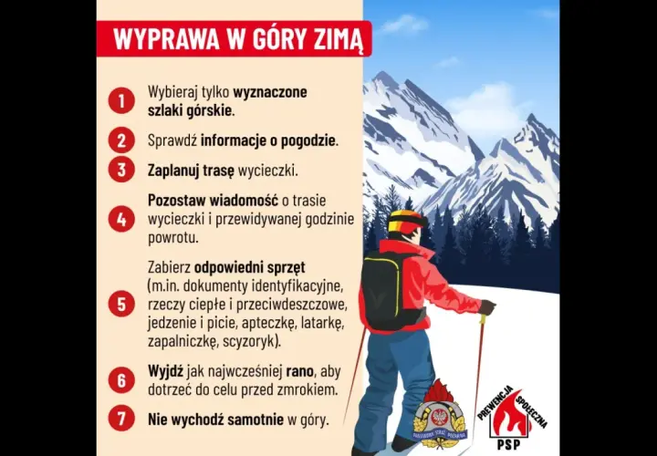 Zimowa wyprawa w góry: wskazówki dotyczące bezpieczeństwa. Narciarz na tle ośnieżonych szczytów.