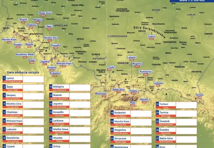 Mapa Polski z zaznaczonymi szczytami, pomocna w planowaniu, jak zdobyć koronę gór polskich.