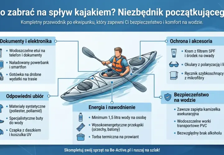 Co zabrać na kajaki? Lista rzeczy: dokumenty, elektronika, odpowiedni ubiór, ochrona, energia i nawodnienie, bezpieczeństwo na wodzie.