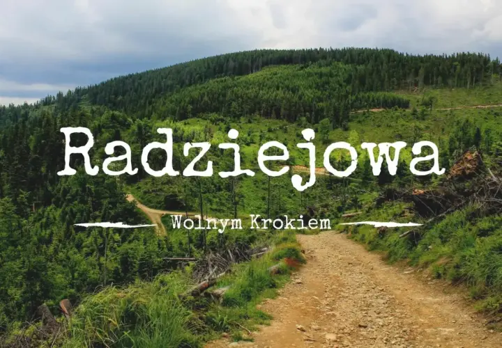 Radziejowa, diadem polskich gór wykaz szczytów. Droga przez las, zielone zbocza, chmury na niebie.