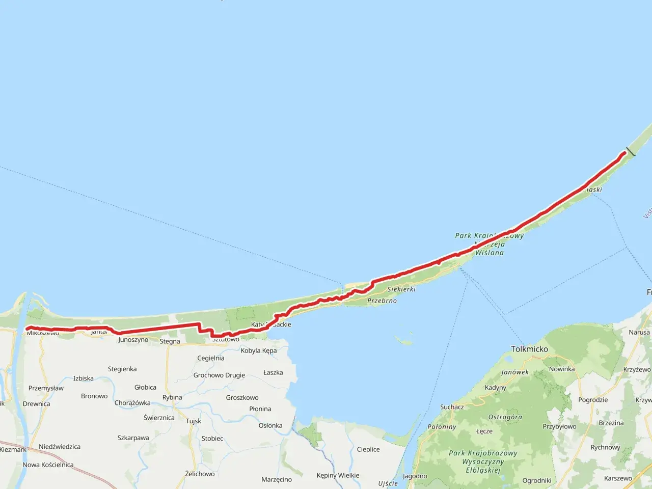 Trasa rowerowa wzdłuż Mierzei Wiślanej, od Mikoszewa po Piaski. Widoczne miejscowości: Stegna, Junoszyno, Kąty Rybackie, Piaski.