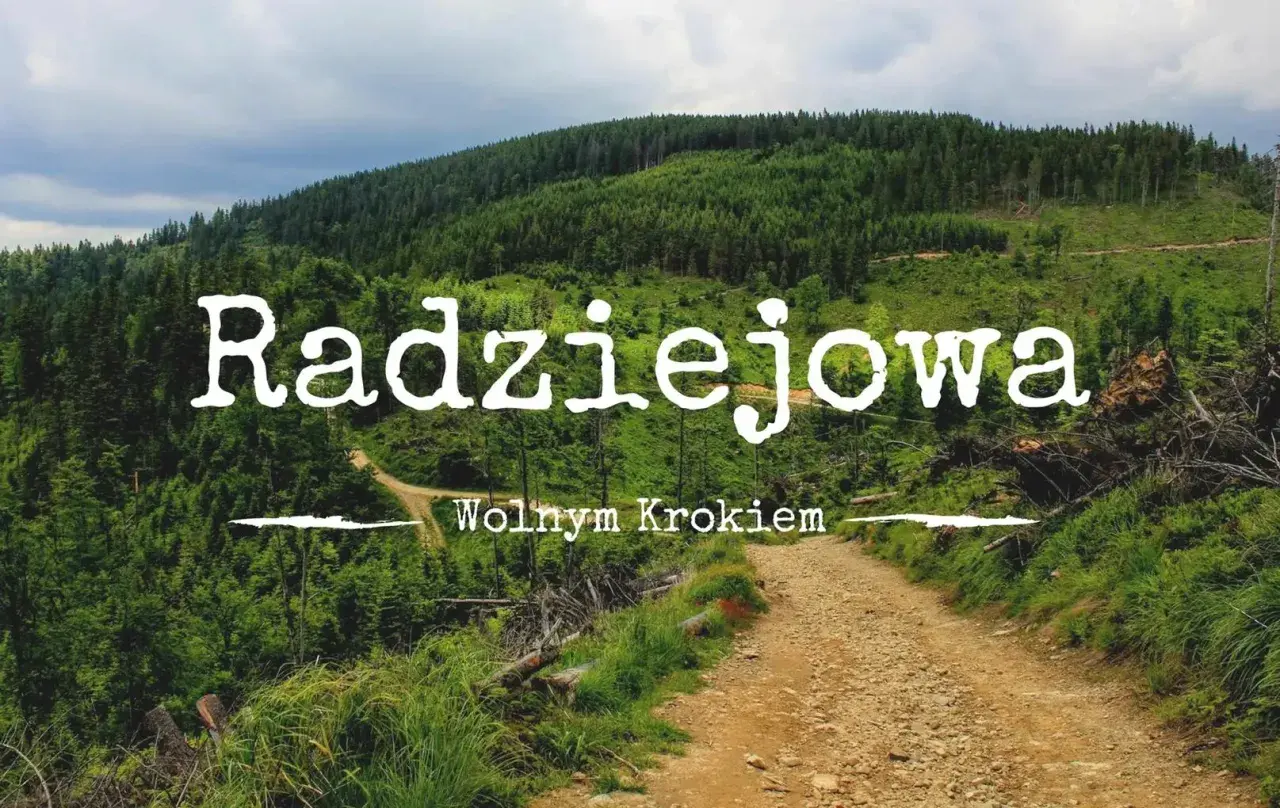 Radziejowa, diadem polskich gór wykaz szczytów. Droga przez las, zielone zbocza, chmury na niebie.
