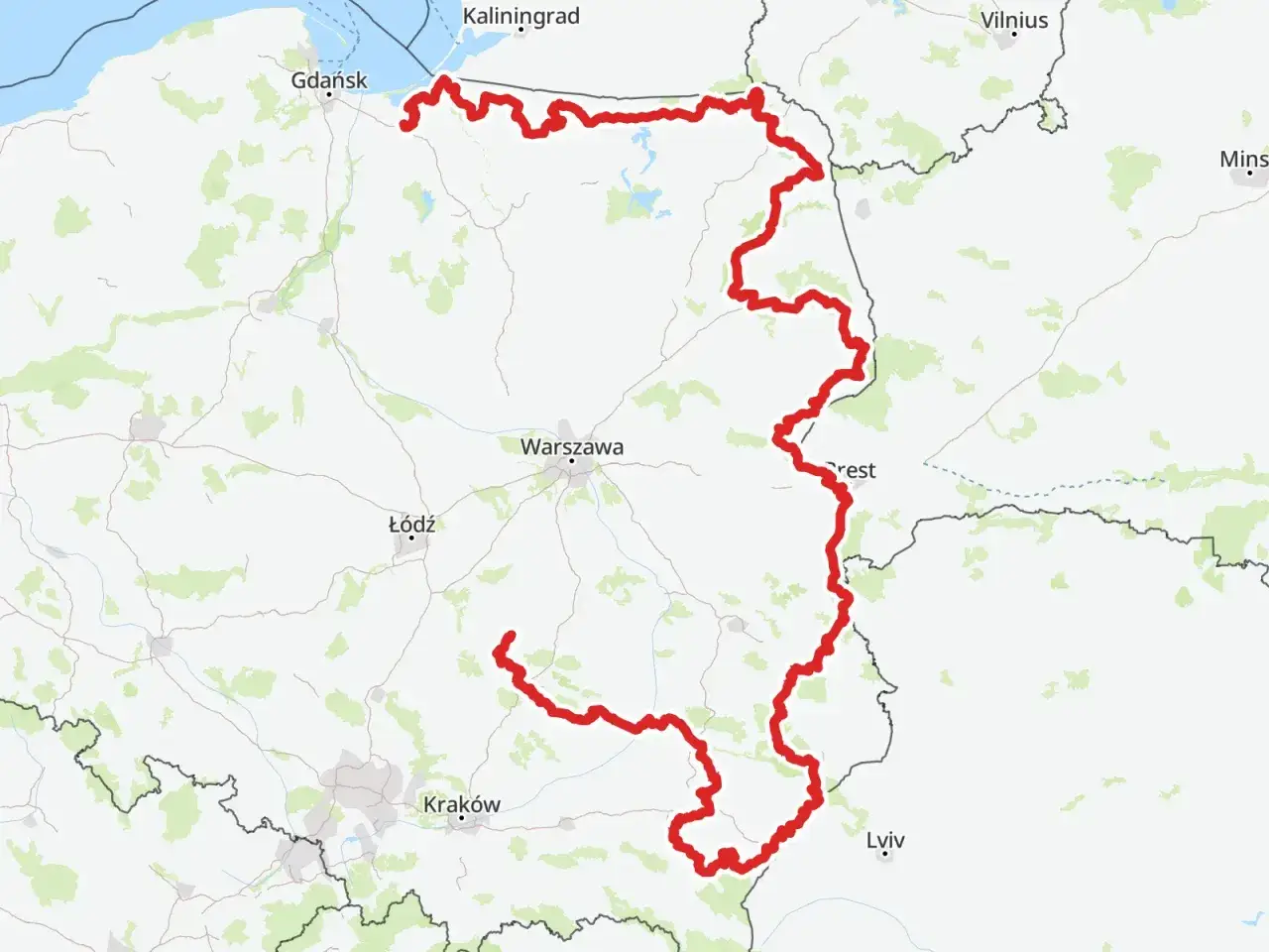 Mapa z zaznaczoną trasą rowerową, która biegnie przez tereny zielone, w tym Podkarpacie.