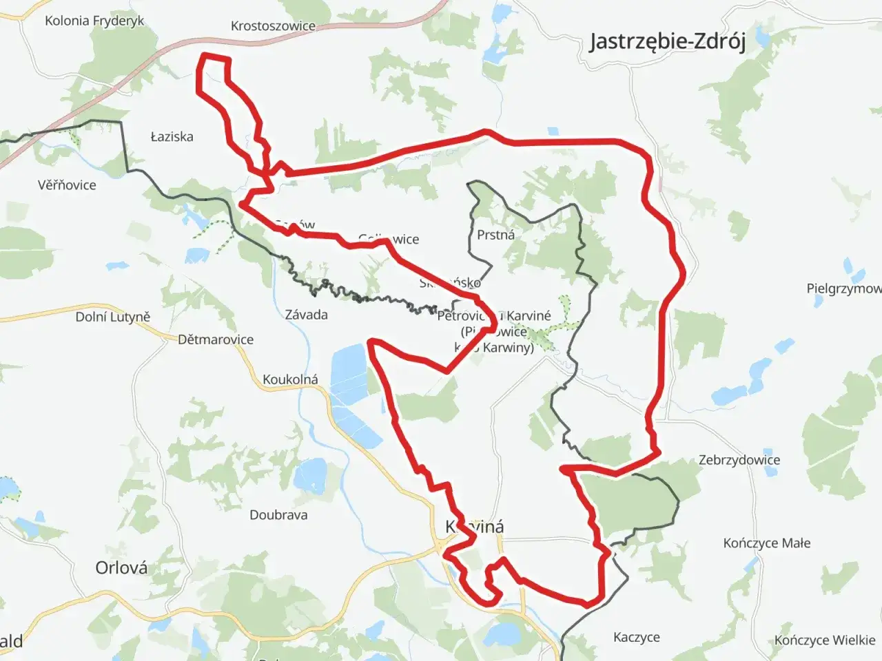 Mapa z zaznaczoną trasą rowerową wokół Karwiny i Jastrzębia-Zdroju, prowadzącą przez Łaziska i Petrovice.