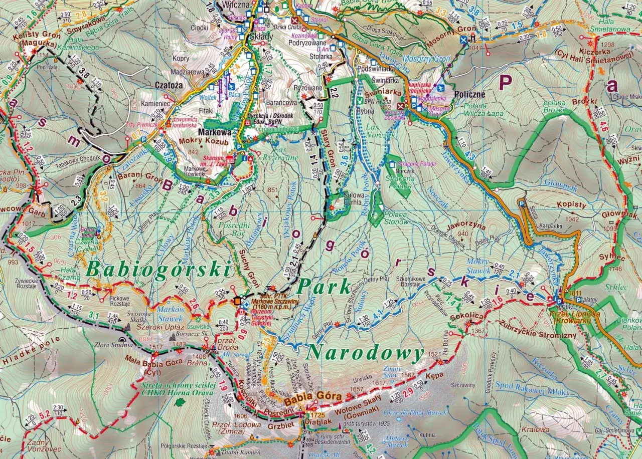 Mapa turystyczna Beskidu Żywieckiego z zaznaczonymi szlakami, punktami widokowymi i schroniskami.