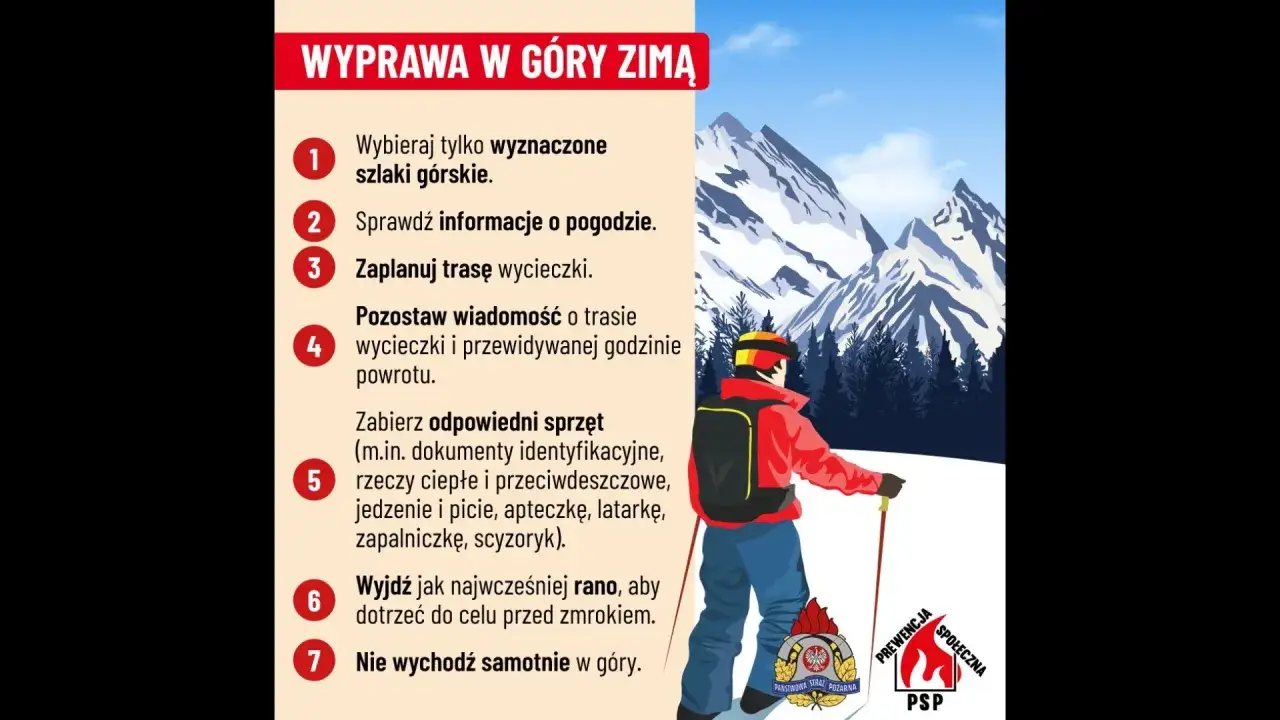 Zimowa wyprawa w góry: wskazówki dotyczące bezpieczeństwa. Narciarz na tle ośnieżonych szczytów.