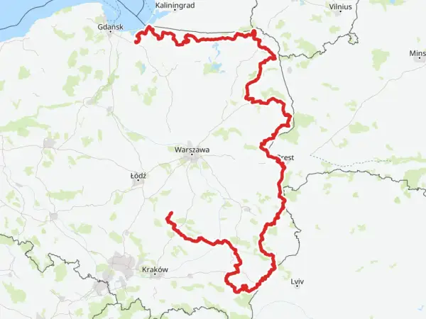 Mapa z zaznaczoną trasą rowerową, która biegnie przez północną i wschodnią Polskę, w tym przez Podkarpacie.