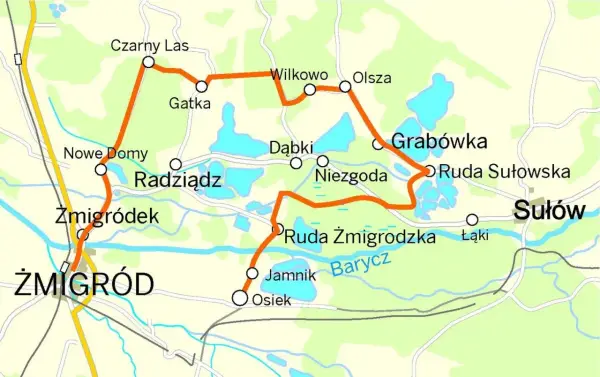 Mapa turystyczna Doliny Baryczy. Trasa rowerowa łączy Zmigród, Czarny Las, Gatkę, Wilkowo, Olszę, Grabówkę, Ruda Sułowska, Sułów, Ruda Żmigrodzka, Jamnik, Osiek, Dąbki, Niegodę, Radziądz, Nowe Domy i Żmigródek.